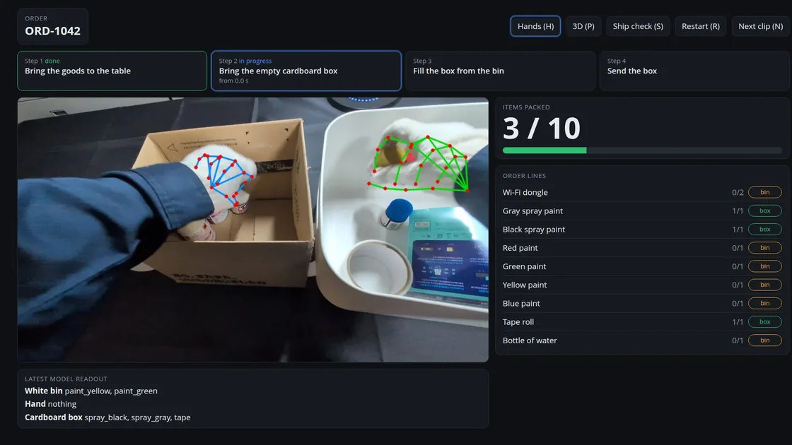 Example screen that estimates a worker’s hand pose and records progress through the work steps